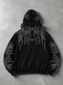 ROMWE MEN Street Life Men's Character Print Double Layer Hooded Loose Fit Zip-Up Sweatshirt - Black - View 2