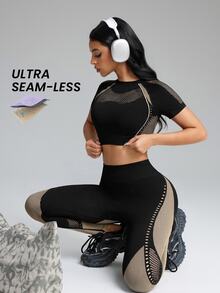 Innovista Innovista Women's Seamless Short Sleeve High Waist Color Block Sports Set Gym Set Workout Set Sportswear Activewear Booty Lift Tummy Control Quick Dry - Black - View 5