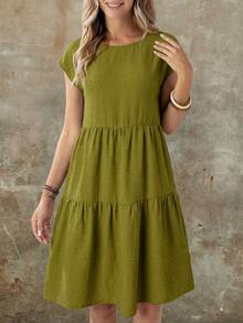 EMERY ROSE Women's Casual Boho Linen-Like Olive Green Short Sleeve Round Neck Mid-Length Dress, Spring/Summer Spring,Casual Vacation Vacation Vacation - Multicolor - View 5