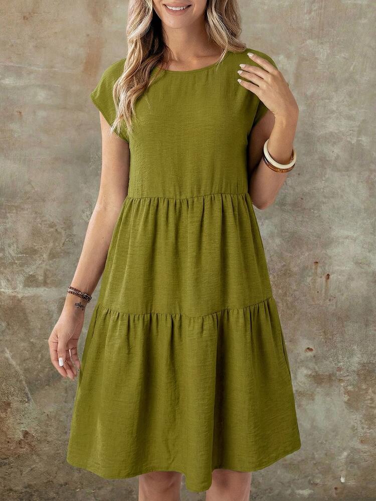 EMERY ROSE Women's Casual Boho Linen-Like Olive Green Short Sleeve Round Neck Mid-Length Dress, Spring/Summer Spring,Casual Vacation Vacation Vacation - Multicolor - View 4