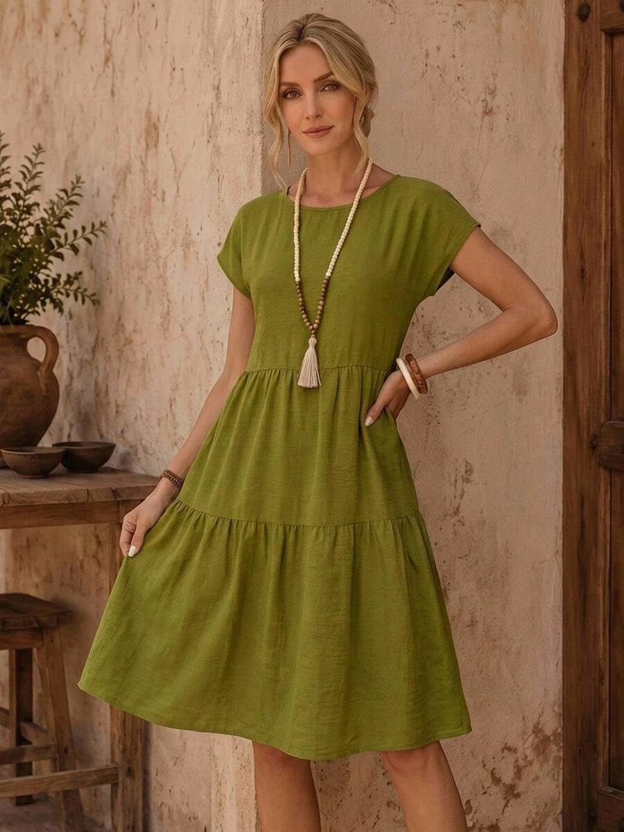 EMERY ROSE Women's Casual Boho Linen-Like Olive Green Short Sleeve Round Neck Mid-Length Dress, Spring/Summer Spring,Casual Vacation Vacation Vacation