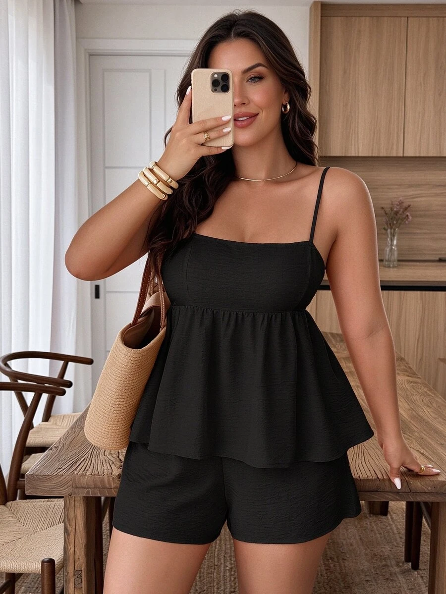 Weeklong Plus Size Solid Color Camisole And Shorts Casual 2 Pieces Set - Black - View 1