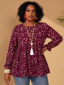 BrightlyHer Plus Size Women Allover Print Round Neck Bell Sleeve Loose Babydoll Shirt Autumn Clothes Burgundy Casual Soft Form Boho Vacation Formal Traditional - Burgundy - View 8