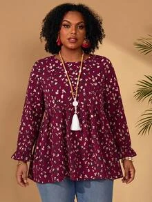 BrightlyHer Plus Size Women Allover Print Round Neck Bell Sleeve Loose Babydoll Shirt Autumn Clothes Burgundy Casual Soft Form Boho Vacation Formal Traditional - Burgundy - View 1