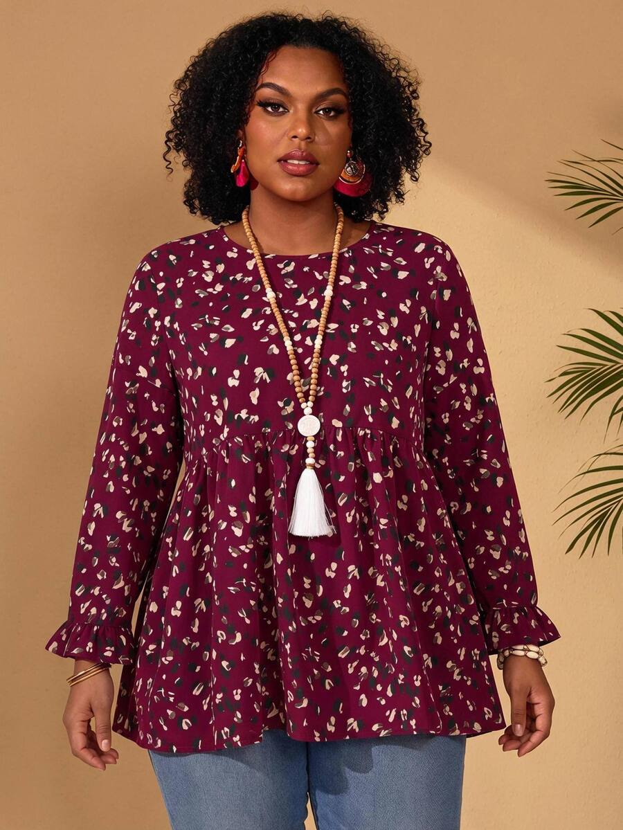 BrightlyHer Plus Size Women Allover Print Round Neck Bell Sleeve Loose Babydoll Shirt Autumn Clothes Burgundy Casual Soft Form Boho Vacation Formal Traditional - Burgundy - View 1