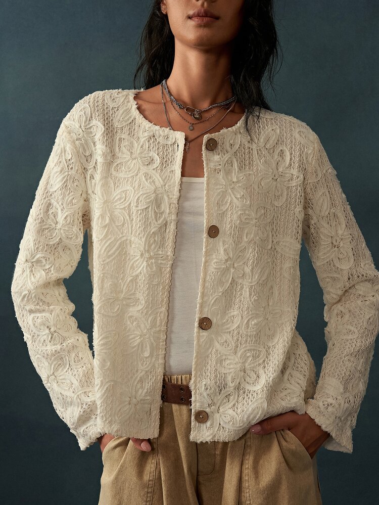 Bohemela Women's Elegant Vintage Casual Fashion Embroidered Button Long Sleeve Thin Jacket Everyday Date Cream White Autumn - Apricot - View 1