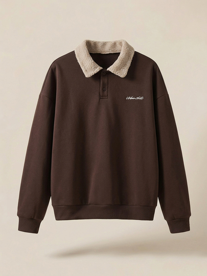 EASEVO Sudadera holgada casual de talla grande para hombre, primavera/otoño, marrón café, cuello polo, bordado de fiesta de Halloween de invierno y otoño