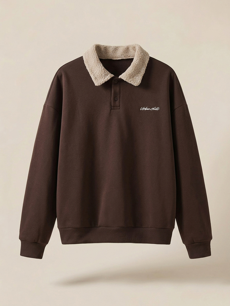 EASEVO Men's Spring/Autumn Casual Loose Fit Plus Size Pullover Sweatshirt, Coffee Brown, Polo Collar, Embroidered Halloween Winter Party Autumn  - Coffee Brown - View 1