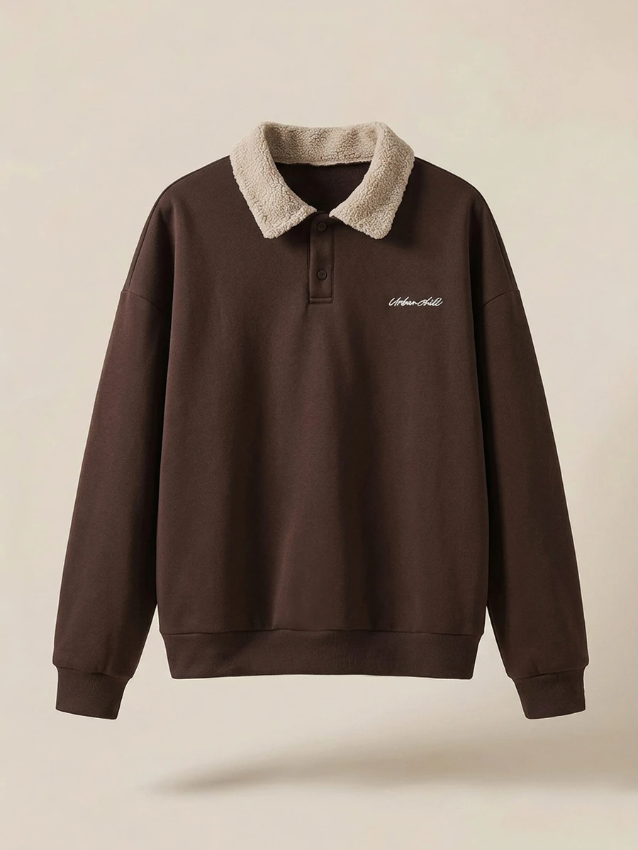 EASEVO Men's Spring/Autumn Casual Loose Fit Plus Size Pullover Sweatshirt, Coffee Brown, Polo Collar, Embroidered Halloween Winter Party Autumn - Coffee Brown - View 1