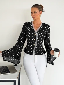 Siren Gaze Women's New Autumn Polka Dot Lace Patchwork Chiffon Blouse With Flowy Sleeves - Black - View 4