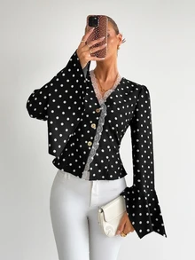 Siren Gaze Women's New Autumn Polka Dot Lace Patchwork Chiffon Blouse With Flowy Sleeves - Black - View 3