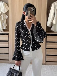 Siren Gaze Women's New Autumn Polka Dot Lace Patchwork Chiffon Blouse With Flowy Sleeves - Black - View 7