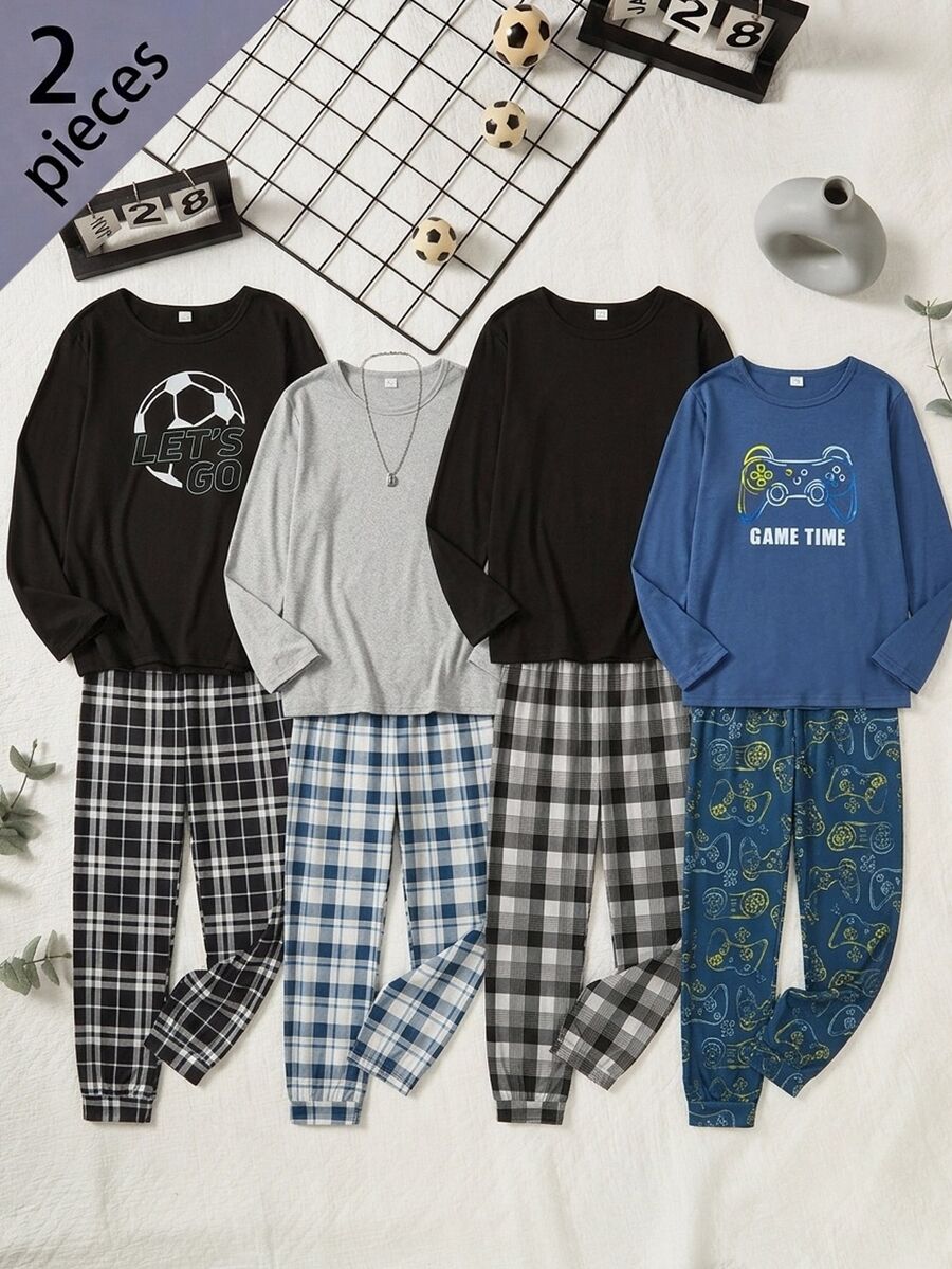 青少年男孩足球印花上衣與格紋長褲居家服套裝,柔軟舒適面料,經典格紋長褲,適合秋冬,休閒、假日派對與家庭穿搭,長袖長褲 2 件套,男孩完美禮物 - 黑色 - 查看 1