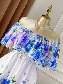 Rometta Plus Size Colorful Floral Print Off-Shoulder Ruffle Trim Waist Flared Maxi Dress, Elegant For Dates, Parties, Outings, Afternoon Tea, Vacation - Multicolor - View 5