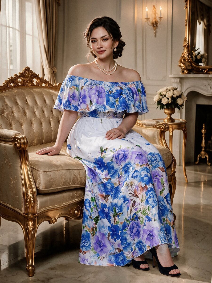 Rometta Plus Size Colorful Floral Print Off-Shoulder Ruffle Trim Waist Flared Maxi Dress, Elegant For Dates, Parties, Outings, Afternoon Tea, Vacation - Multicolor - View 1