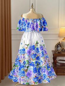 Rometta Plus Size Colorful Floral Print Off-Shoulder Ruffle Trim Waist Flared Maxi Dress, Elegant For Dates, Parties, Outings, Afternoon Tea, Vacation - Multicolor - View 2