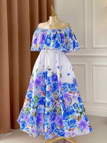 Rometta Plus Size Colorful Floral Print Off-Shoulder Ruffle Trim Waist Flared Maxi Dress, Elegant For Dates, Parties, Outings, Afternoon Tea, Vacation - Multicolor - View 3