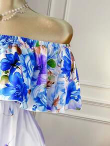 Rometta Plus Size Colorful Floral Print Off-Shoulder Ruffle Trim Waist Flared Maxi Dress, Elegant For Dates, Parties, Outings, Afternoon Tea, Vacation - Multicolor - View 6