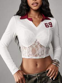 Gowayae Gowayae White And Burgundy Number Print Floral Lace Crop Tee Night Out Club Fall Sexy - Multicolor - View 3