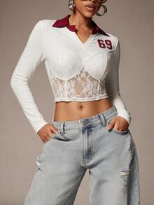 Gowayae Gowayae White And Burgundy Number Print Floral Lace Crop Tee Night Out Club Fall Sexy - Multicolor - View 2