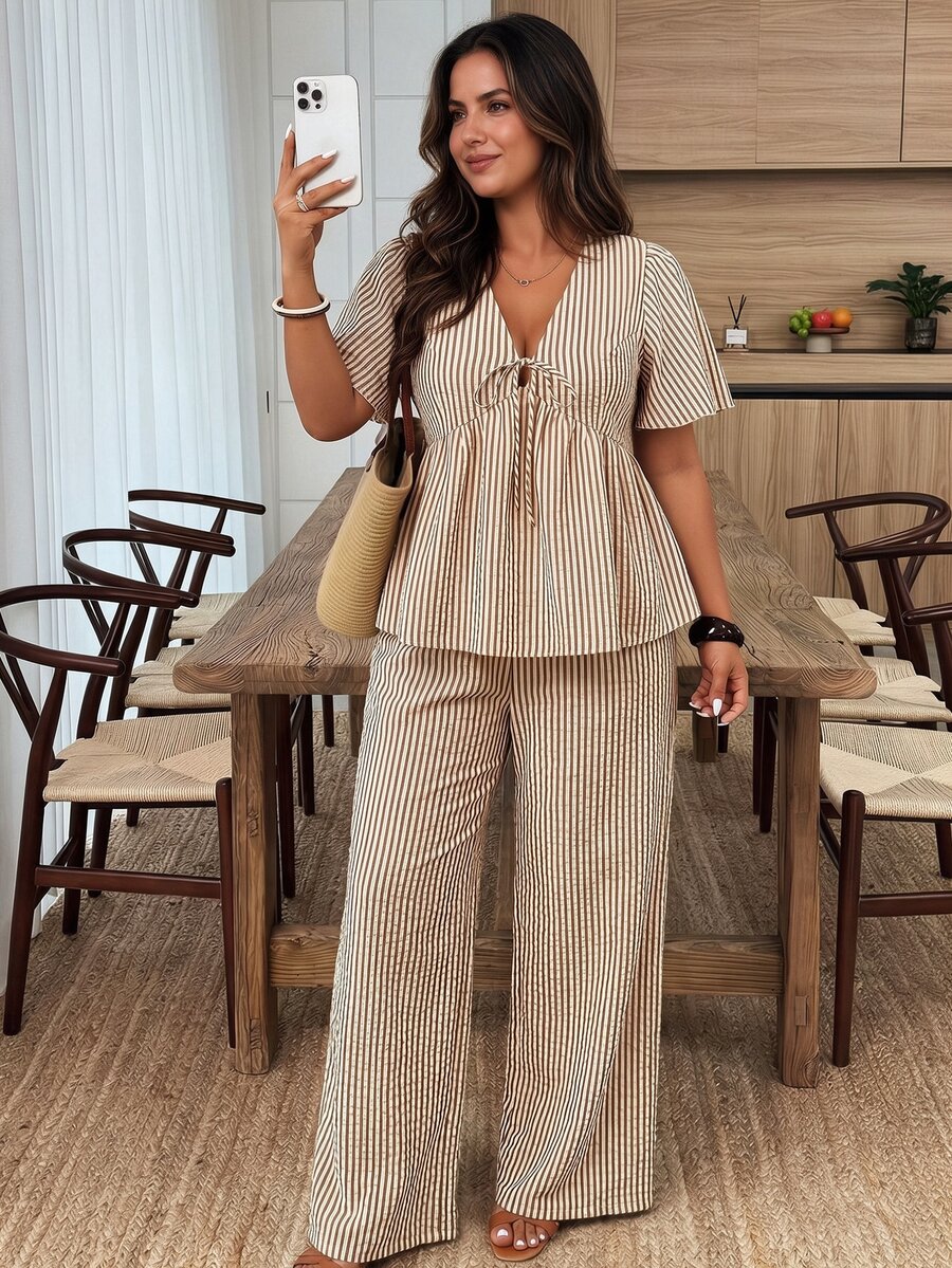Weeklong Conjunto de 2 piezas de camisa de manga corta con nudo delantero a rayas y pantalones casuales de vacaciones de primavera/verano para mujer talla grande - Multicolor - Ver 1