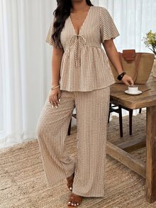 Weeklong Conjunto de 2 piezas de camisa de manga corta con nudo delantero a rayas y pantalones casuales de vacaciones de primavera/verano para mujer talla grande - Multicolor - Ver 5
