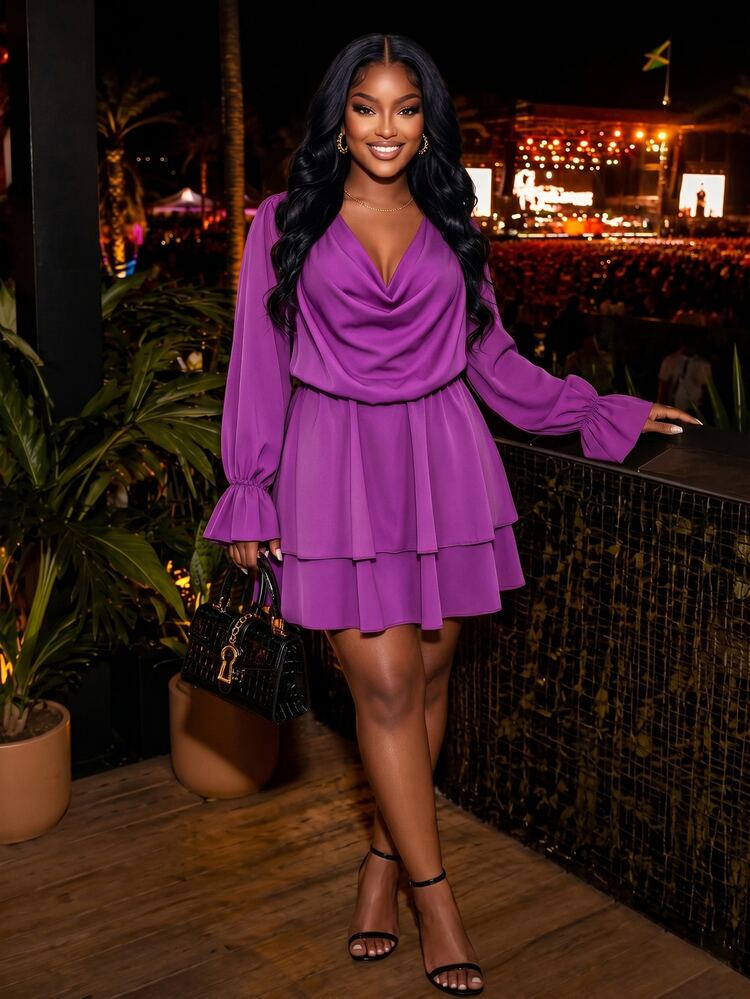 Poshavie Poshavie Women's Plus-Size Long-Sleeve Cowl-Neck Dress With Double-Layered Hem-Suitable For Daily Wear Autumn Cocktail Evening Purple Elegant - Purple - View 2