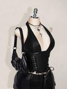 SHEIN ICON 大码女式纯色简约休闲 PU 皮革露背领扣眼装饰系带背心 Y2K 外出酒红色 V 领露肩上衣 - 黑色 - 查看 9