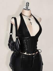SHEIN ICON 大码女式纯色简约休闲 PU 皮革露背领扣眼装饰系带背心 Y2K 外出酒红色 V 领露肩上衣 - 黑色 - 查看 5