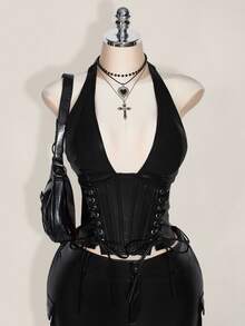 SHEIN ICON 大码女式纯色简约休闲 PU 皮革露背领扣眼装饰系带背心 Y2K 外出酒红色 V 领露肩上衣 - 黑色 - 查看 2