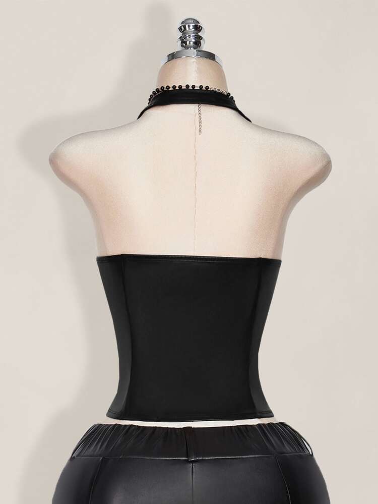 SHEIN ICON Plus Size Women's Black Goth PU Leather Halter Neck Corset Top,Summer Night Out Club Grommet Tied V-Neck Off Shoulder Y2K Gothic Buckle Tank Top - Black - View 3