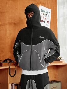 SWAVVY Men's Knit Fashion Casual Loose Fit Long Sleeve Hoodie With English Embroidery - Black - View 6