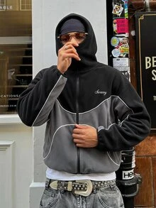 SWAVVY Men's Knit Fashion Casual Loose Fit Long Sleeve Hoodie With English Embroidery - Black - View 7