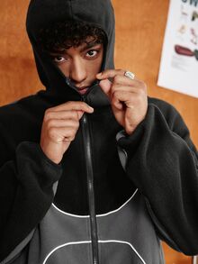 SWAVVY Men's Knit Fashion Casual Loose Fit Long Sleeve Hoodie With English Embroidery - Black - View 5