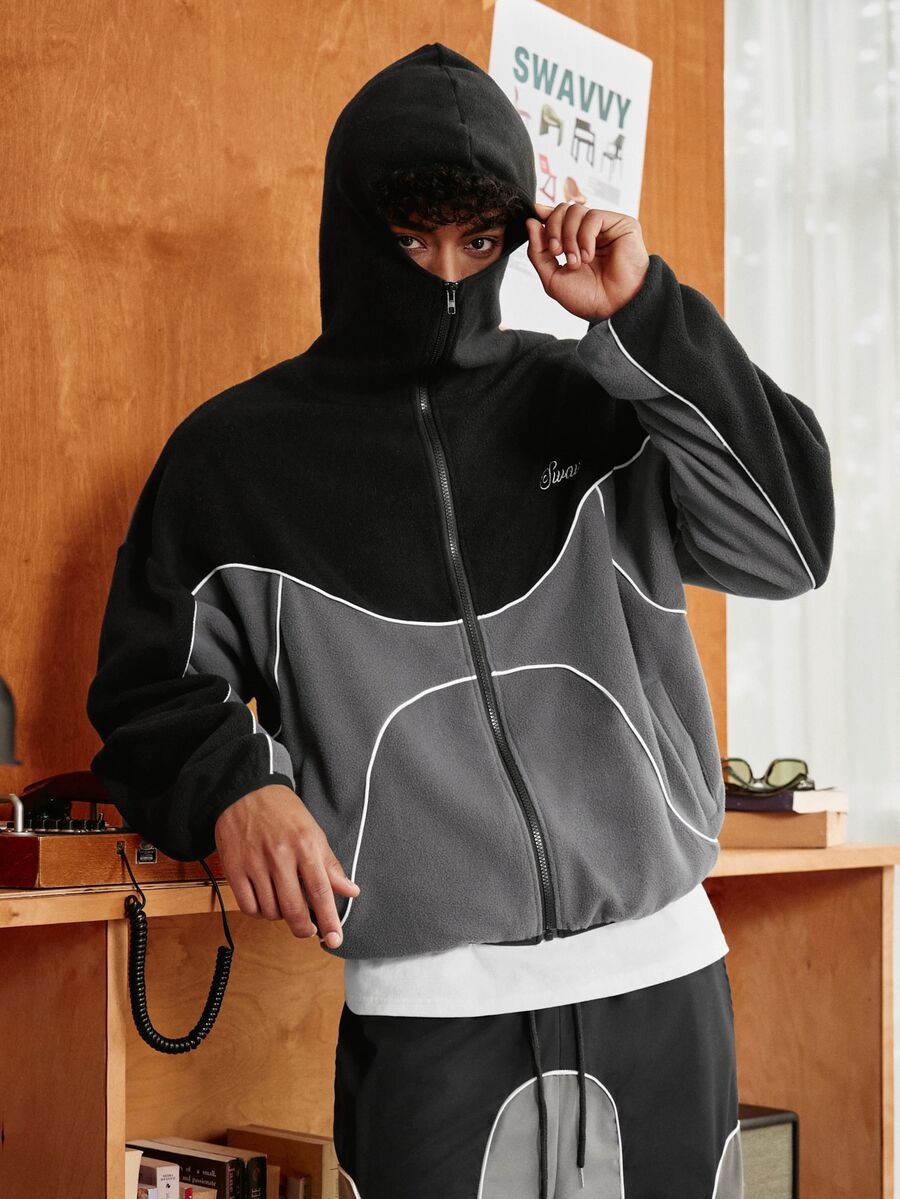 SWAVVY Men's Knit Fashion Casual Loose Fit Long Sleeve Hoodie With English Embroidery - Black - View 1