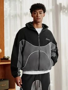 SWAVVY Men's Knit Fashion Casual Loose Fit Long Sleeve Hoodie With English Embroidery - Black - View 4