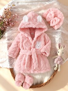 SHEIN 4件組女嬰0-9個月可愛3D兔耳粉色軟針織毛絨加厚長袖連帽外套帽子套裝 冬季禮物 - 粉色 - 查看 2