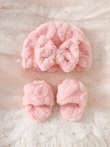 SHEIN 4件組女嬰0-9個月可愛3D兔耳粉色軟針織毛絨加厚長袖連帽外套帽子套裝 冬季禮物 - 粉色 - 查看 6