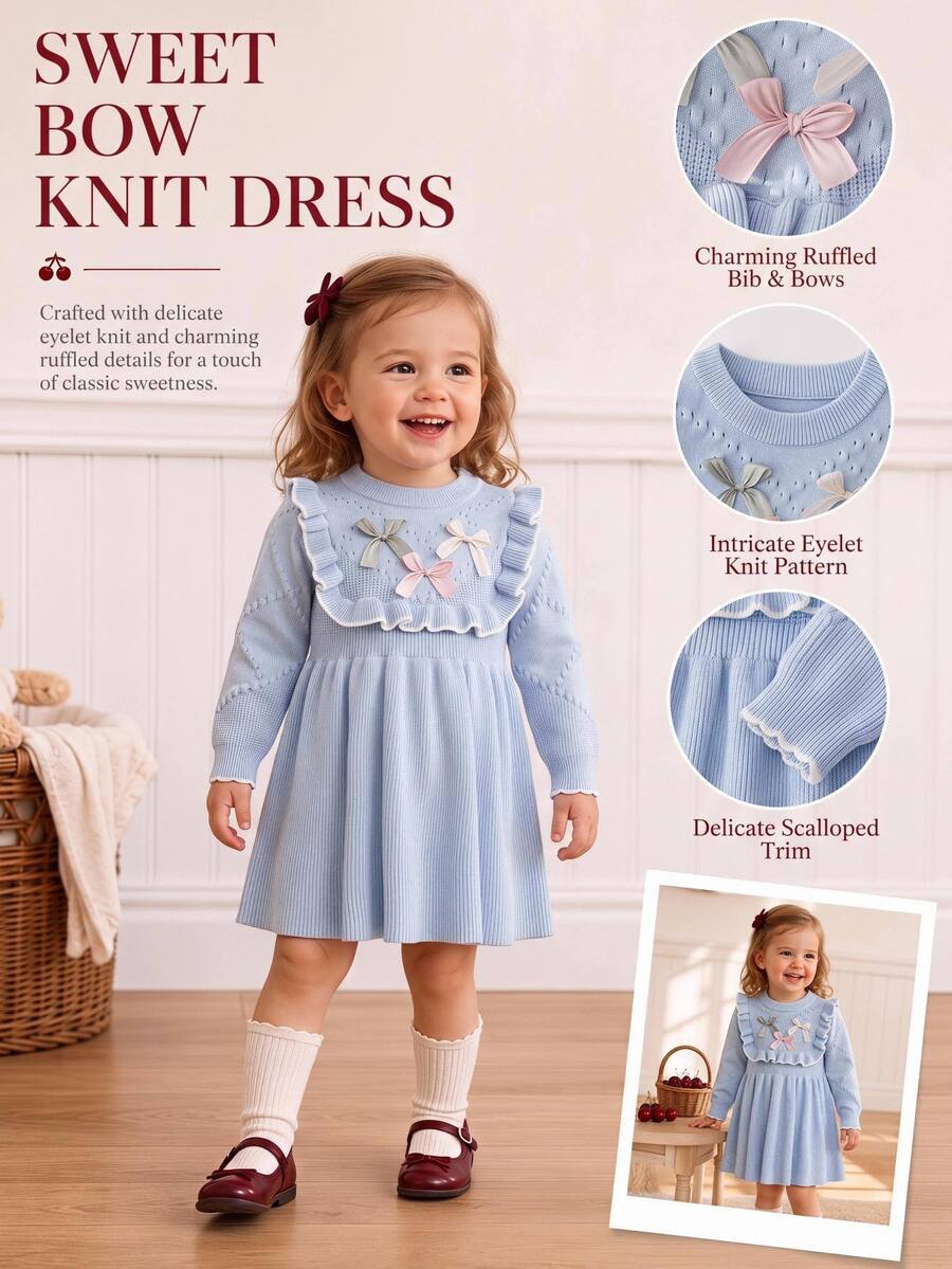 SHEIN 6 Months - 3 Years Pink Ruffle Bow Knitted Sweater Dress Infant Toddler Pique Knit Dress First Birthday Party Outing Photo Shoot Spring Autumn Princess Dress - Blue - View 1