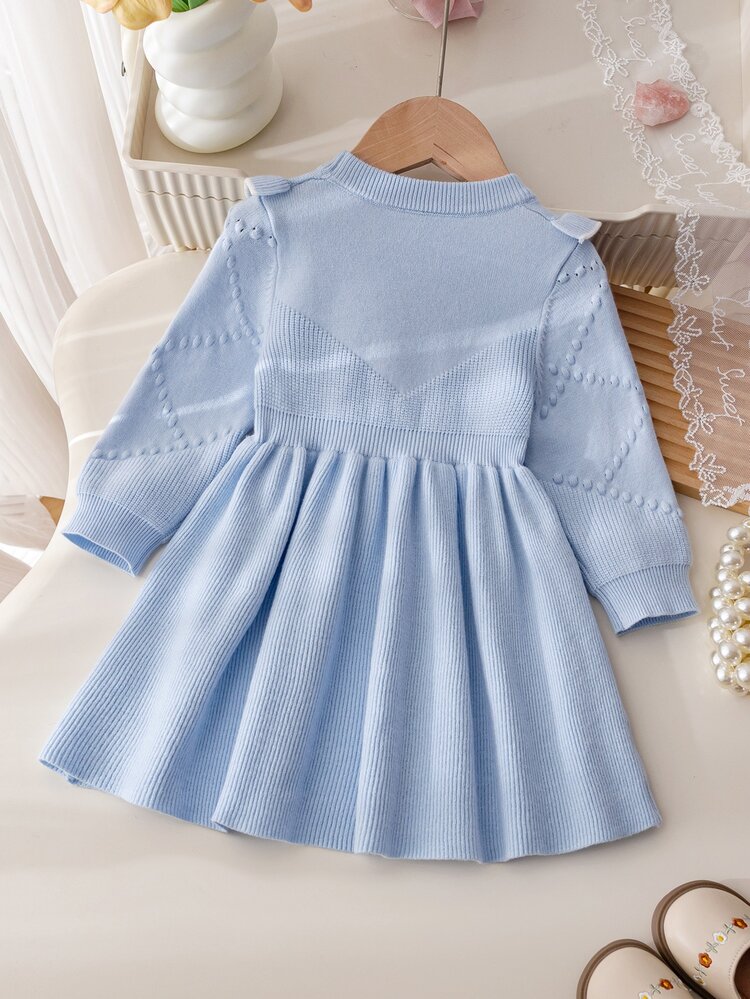 SHEIN 6 Months - 3 Years Pink Ruffle Bow Knitted Sweater Dress Infant Toddler Pique Knit Dress First Birthday Party Outing Photo Shoot Spring Autumn Princess Dress - Blue - View 2