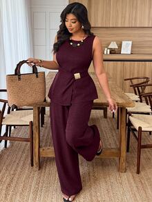 Weeklong Plus Size Women's Round Neck Sleeveless Metal Buckle Decor Waist Casual Suit, Spring/Summer Elegant - Burgundy - View 7
