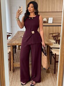 Weeklong Plus Size Women's Round Neck Sleeveless Metal Buckle Decor Waist Casual Suit, Spring/Summer Elegant - Burgundy - View 3