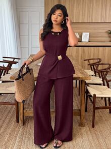 Weeklong Plus Size Women's Round Neck Sleeveless Metal Buckle Decor Waist Casual Suit, Spring/Summer Elegant - Burgundy - View 6