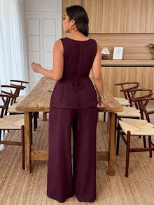 Weeklong Plus Size Women's Round Neck Sleeveless Metal Buckle Decor Waist Casual Suit, Spring/Summer Elegant - Burgundy - View 2