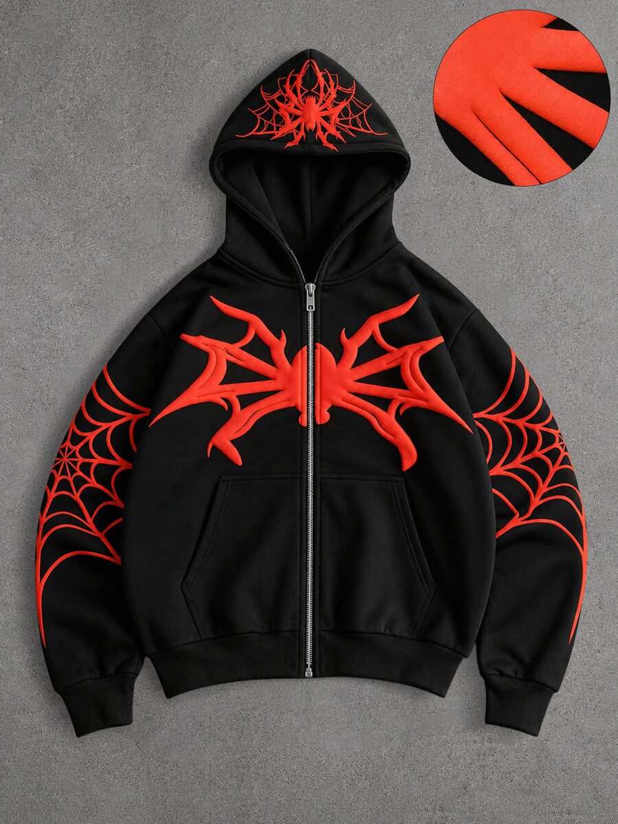 ROMWE MEN Men's Spider Pattern Casual Everyday Hoodie - Black - View 1