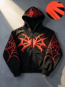 ROMWE MEN Men's Spider Pattern Casual Everyday Hoodie - Black - View 9