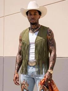 HIMLAND Men's Suede Studded Decor Fringe Vest Jacket Streetwear Vintage Western Air Layer Utility Cargo Halloween Winter Party Rave Autumn Olive Green - Army Green - View 1
