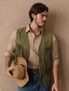 HIMLAND Men's Suede Studded Decor Fringe Vest Jacket Streetwear Vintage Western Air Layer Utility Cargo Halloween Winter Party Rave Autumn Olive Green - Army Green - View 4