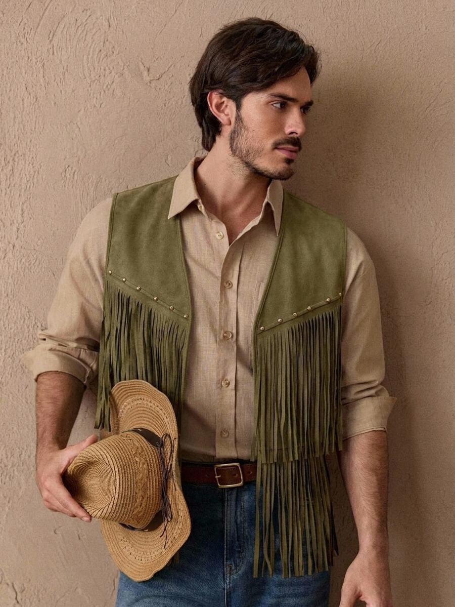 Manfinity RebelGame Men's Suede Studded Decor Fringe Vest Jacket Streetwear Vintage Western Air Layer Utility Cargo Halloween Winter Party Rave Autumn Olive Green - Army Green - View 1