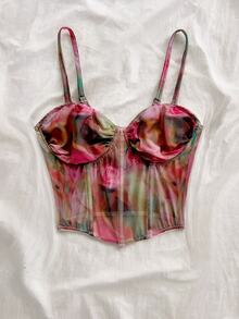 Soleia Women's Watercolor Rose Print Shoulder Strap Bustier Top With Fishbone - Multicolor - View 4